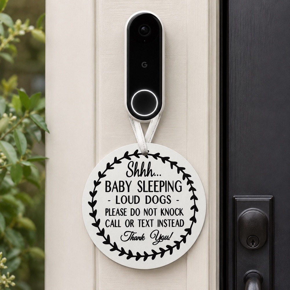 Shhh Baby Sleeping Loud Dogs Do Not Knock Call or Text Door Hanger Sign White